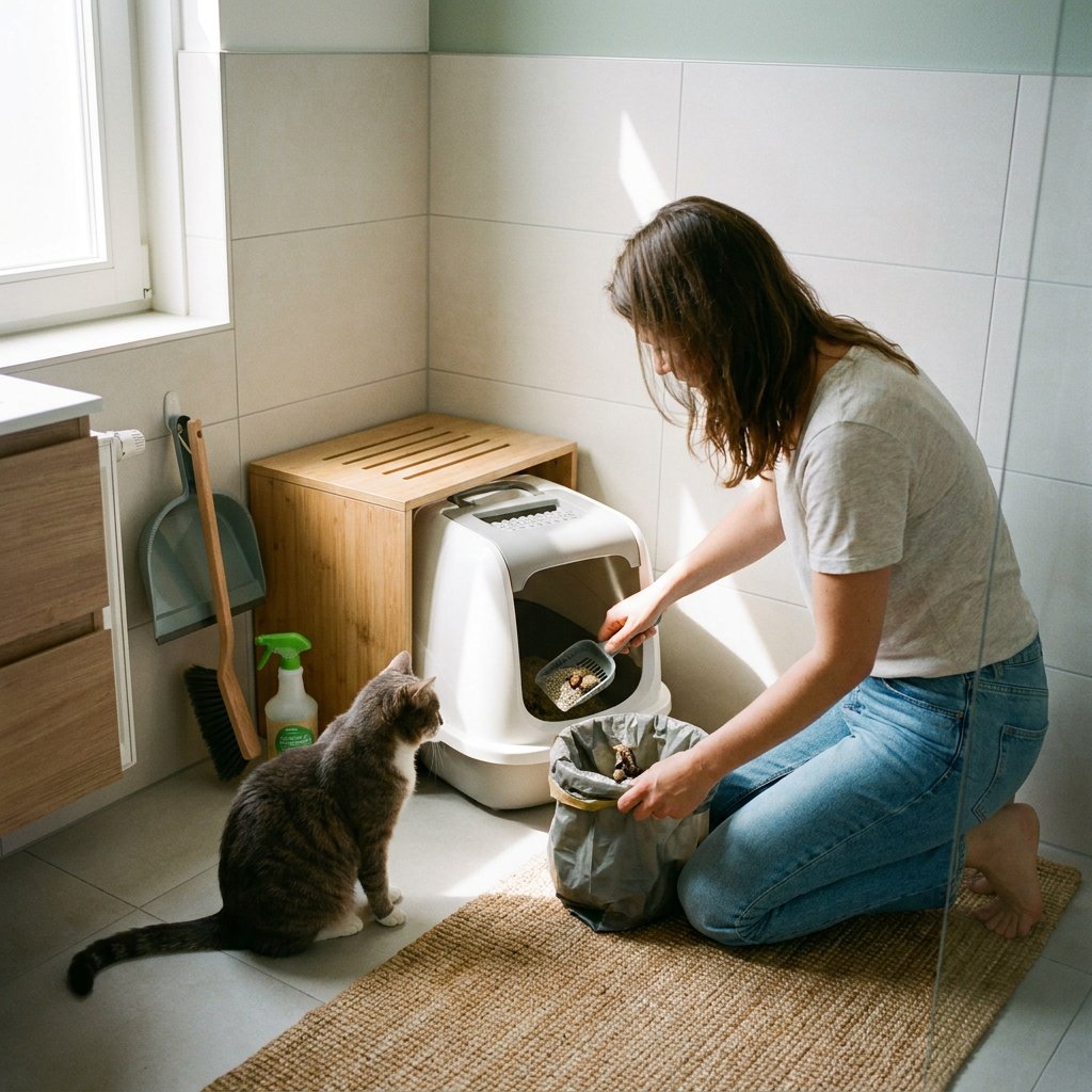 Katteneigenaar schept gebruikte kattenbakvulling in een afgesloten afvalzak naast de kattenbak in een nette, lichte Nederlandse woning.