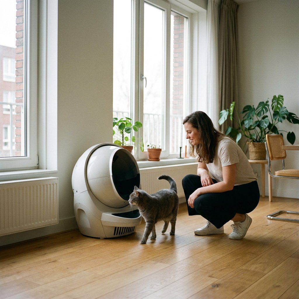 Een grijze kat onderzoekt rustig een moderne automatische kattenbak in een lichte woonkamer, terwijl een eigenaar aandachtig toeziet.