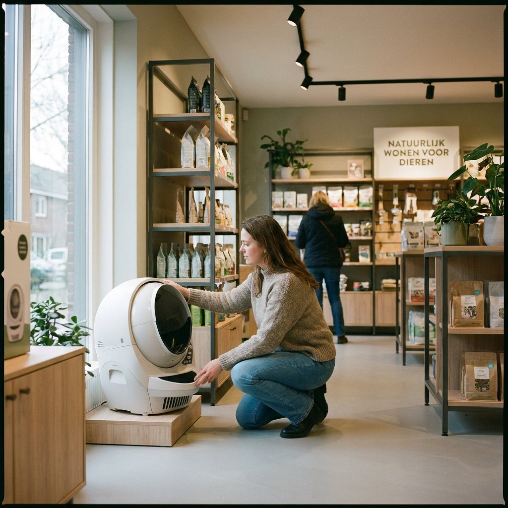 Katteneigenaar bekijkt een moderne automatische kattenbak in een nette Nederlandse dierenwinkel, met productdisplay en rustige, heldere belichting.