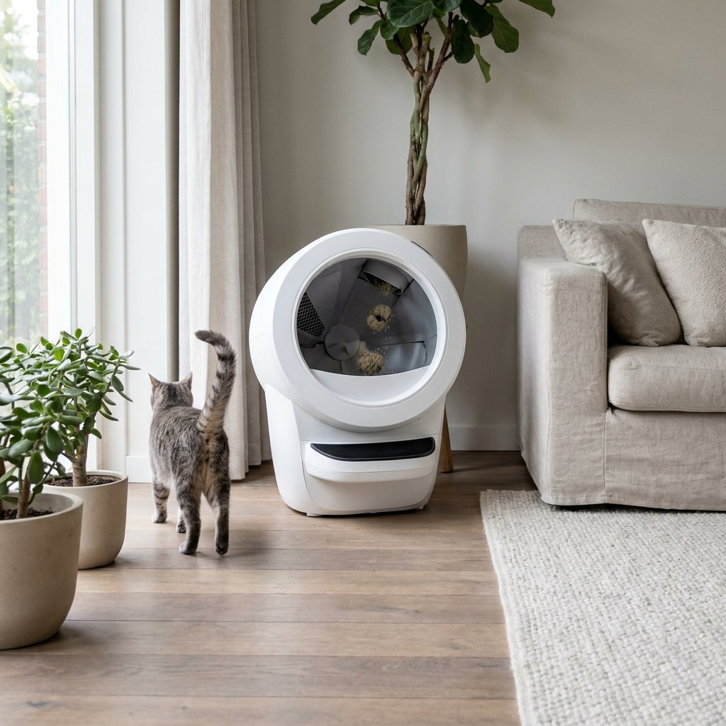 Grijze huiskat stapt weg van een moderne automatische kattenbak terwijl het reinigingssysteem start in een lichte, stijlvolle woonkamer.