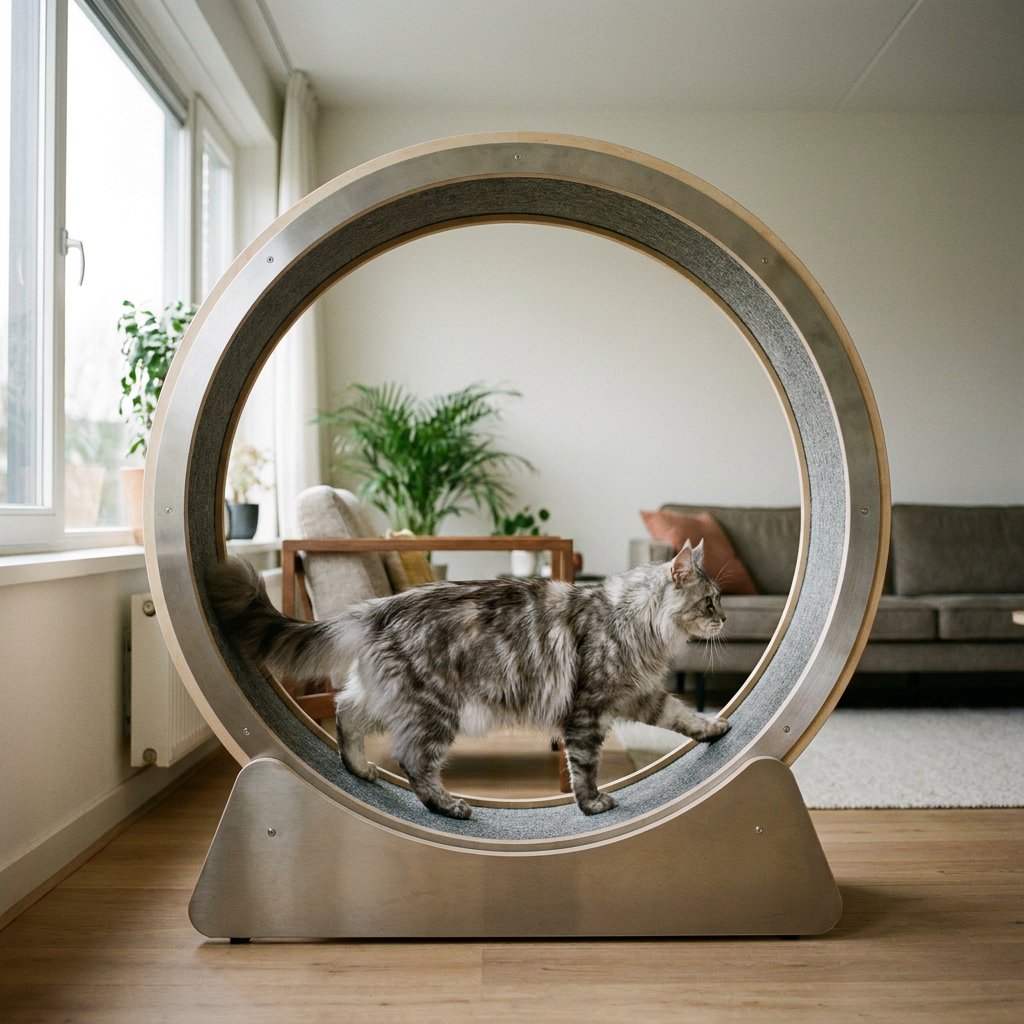Grote langharige kat loopt ontspannen in ruim kattenloopwiel in een lichte moderne woonkamer, met focus op stabiele bouw en comfortabele loopruimte.