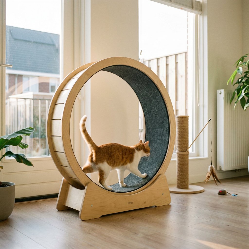 Een fitte huiskat rent ontspannen in een kattenloopwiel in een licht, modern Nederlands interieur met krabpaal en zachte ochtendzon.