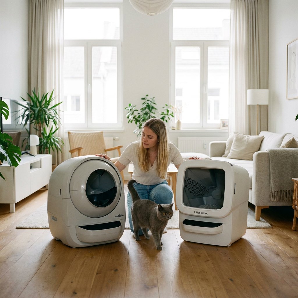 Katteneigenaar vergelijkt twee automatische kattenbakken in een lichte moderne woonkamer, terwijl een rustige kat erbij staat op een houten vloer.
